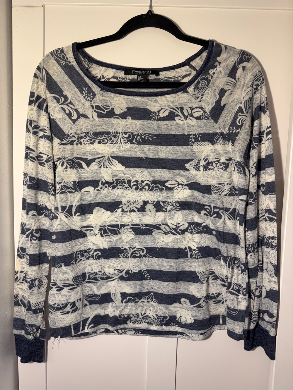 Forever 21 Navy & White Striped Floral Long Sleeve Tee